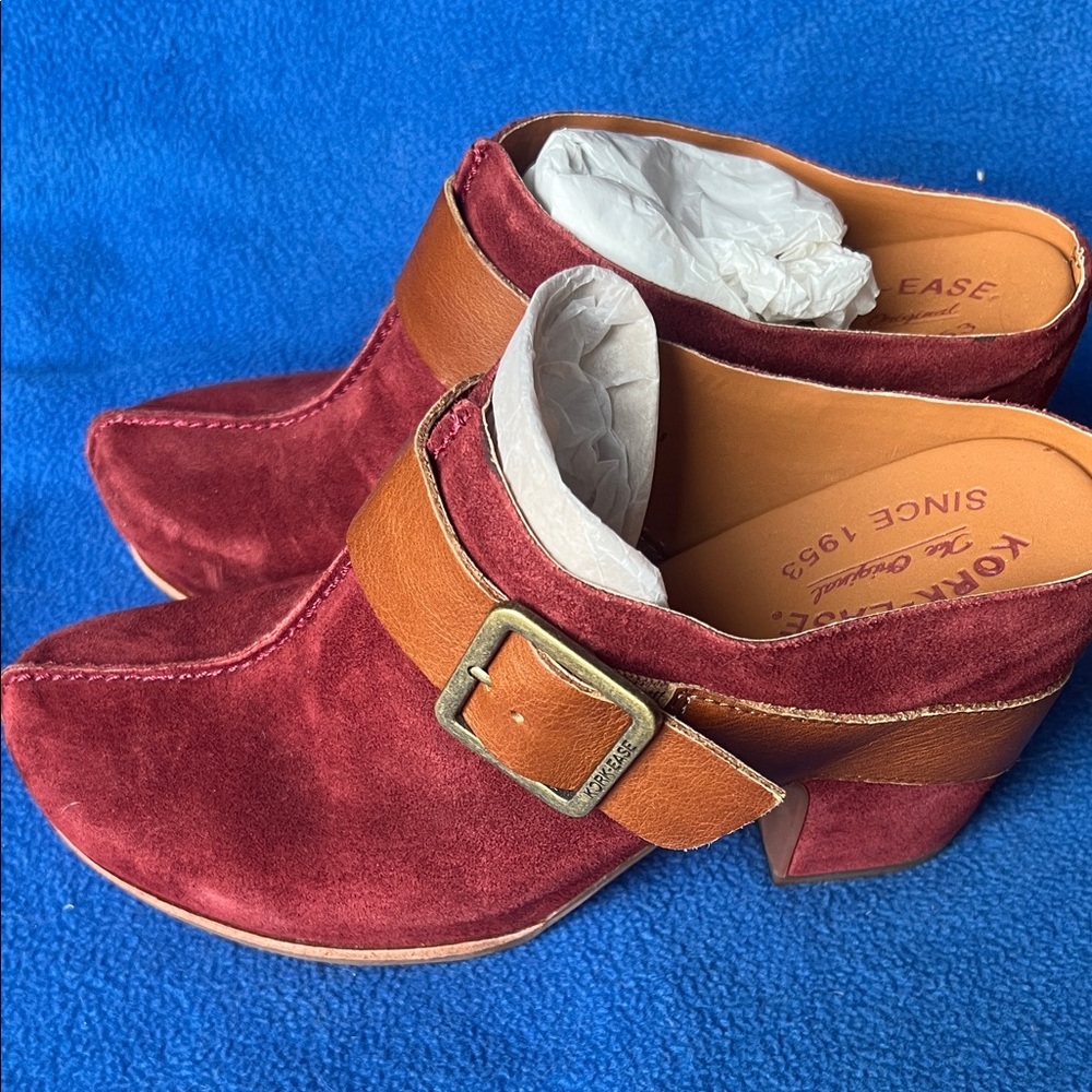 Korks Burgundy and Tan Suede Mules with Buckle - Picture 2 of 5